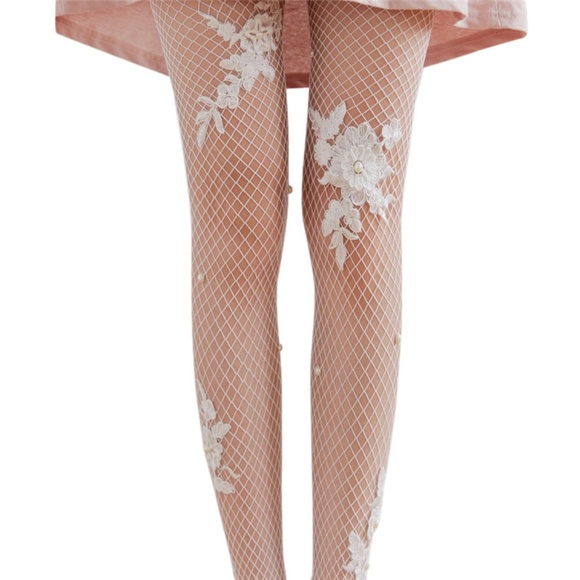 New! White Lace Appliqué Beaded Tights - Picture 2 of 6